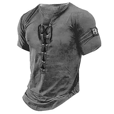 Hemd Herren Kurzarm Bauchfrei Top Trachtenhemd MäNner Mittelalter Retro SchnüRen Henley Shirt V-Ausschnitt Kurzarm Vintage Casual Tshirts Sommer Outdoor Clothes (Grau, 3XL) von LUNULE