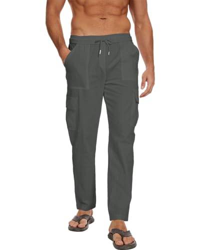 LVCBL Herren Hose Lange Leinenhose Leicht Elastische Taille Hosen Dunkelgrau L von LVCBL