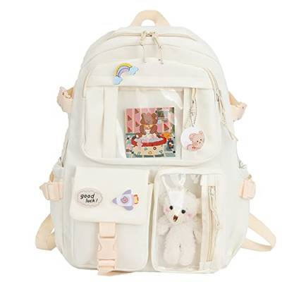 LYEAA Kawaii Rucksack mit Pins & Plüschtier-Anhänger, Frauen Mädchen adretter Stil PVC Patchwork Transparenter Rucksack Schultasche Große Kapazität Rucksack Handtaschen, Stil D, beige von LYEAA