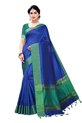 Laavaan Damen Karierte Baumwolle Seide Saree mit Seide Unstitched Bluse Piece, blau, One size von Laavaan