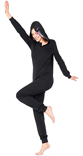 Ladeheid Damen Schlafoverall Tierkostüm aus Baumwolle Jumpsuit bunt Tiermotiv Verkleidung Schlafanzug Einteiler mit Kapuze LA40-234 (Schwarz Pavian, XXL) von Ladeheid