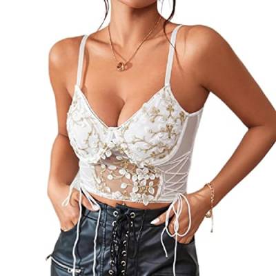 Lamala Floral Embroidered Bustier Top Spaghetti Strap Cami Crop Top For Women Vintage Bustier Corset Top Mesh Cami Bodysuit floral embroidered bustier top, weiß, Small von Lamala