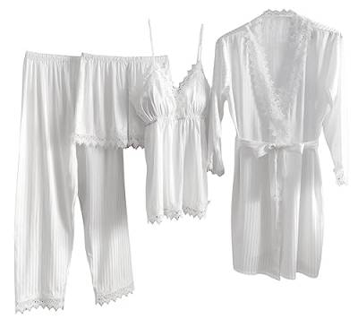 Laura Lily - Damen Pyjamas Schlafanzug aus seidig gestreiftem Satin, mit Spitze, 4-teiliges Set Weiß XS-S, 1101 von Laura in