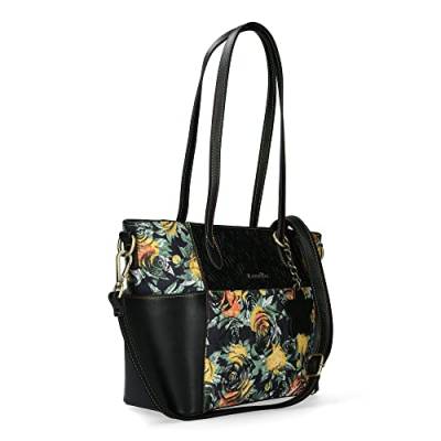 Laura Vita Damen Tasche Rucksack Shopper Umhängetasche Schultertasche Schultertasche Blumenapplikation Synthetikkombination geblümt Tasche Damen Schwarz Blumendruck Henkeltasche von Laura Vita