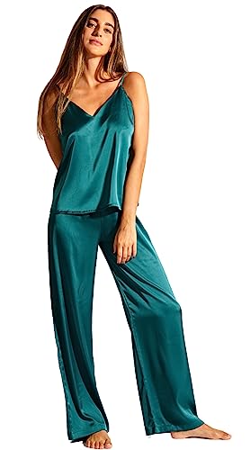 Laura in - Damen-Kleidungsset Satin-Seidenpyjama für Damen 2-teilig einfarbig Satin-Schlafanzug Top-Shirt und Langen Hosen-1603GrünL von Laura in