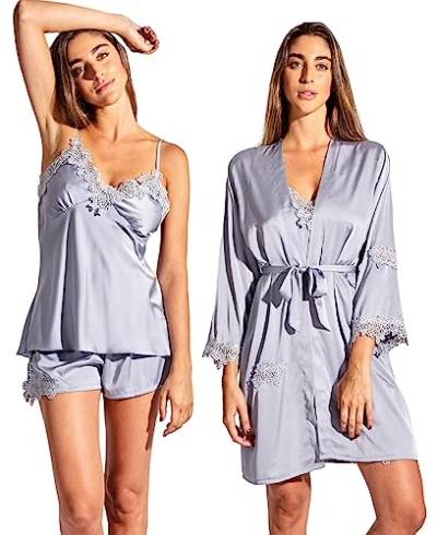 Laura in - Pyjama 5-teiliges Set aus Seidensatin mit bestickter Spitze, Nachtwäsche Schlafanzüge für Damen, Bademantel, Nachthemd, Top, Kurze und Lange Hosen. M/L1108 von Laura in