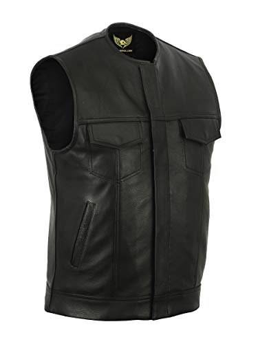 Leatherick Herren SOA Anarchy Collarless Echtes Echtes Leder Biker Weste Schwarz - 2XL von Leatherick