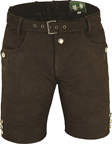 Klassische echt Leder Nubuk Trachten Lederhose Herren kurz, Damen Trachtenlederhose mit Gürtel in Braun (60, Braun) von LederGwand