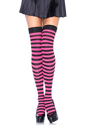 LEG AVENUE 6005 - Overknee Halterlose Strümpfe Mit Streifen, Einheitsgröße (EUR 36-40), schwarz/neon pink, Damen Karneval Kostüm Fasching von LEG AVENUE