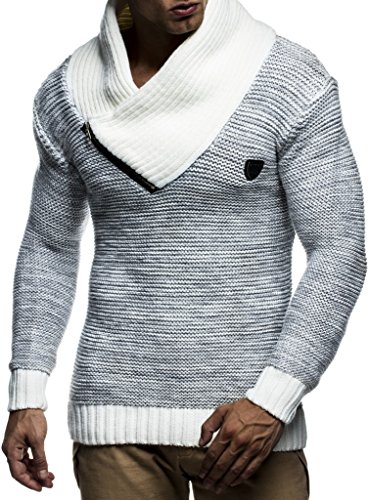 Leif Nelson Herren Strick-Pullover Schalkragen Slim Fit Winter Sommer Moderner Männer schwarzer Pulli T-Shirt Langarm mit Kragen Herren Hoodie-Wollpullover LN7060N Ecru-Grau Small von Leif Nelson