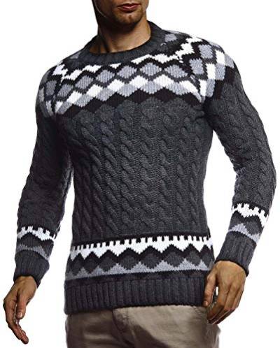 Leif Nelson Herren Strickpullover Norwegerpullover Pullover mit Rundkragen Winterpullover Männer Pulli für Weihnachten Winter Norweger Muster Slim Fit Crew Neck LN20757 L Anthrazit von Leif Nelson