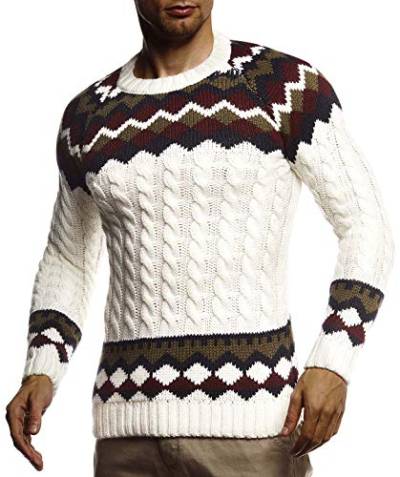 Leif Nelson Herren Strickpullover Norwegerpullover Pullover mit Rundkragen Winterpullover Männer Pulli für Weihnachten Winter Norweger Muster Slim Fit Crew Neck LN20757 S Ecru von Leif Nelson