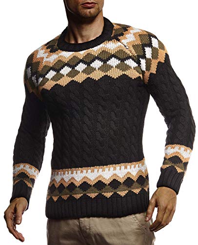 Leif Nelson Herren Strickpullover Norwegerpullover Pullover mit Rundkragen Winterpullover Männer Pulli für Weihnachten Winter Norweger Muster Slim Fit Crew Neck LN20757 S Schwarz von Leif Nelson