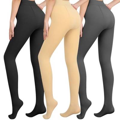 Libella 3er Pack Damen Thermo Strumpfhosen mit Innenfutter Winter warm blickdichte Thermostrumpfhose Kuschel Seamless Treggings hoch Bund Sport Tight Schwarz Beige Grau 4152 L von Libella