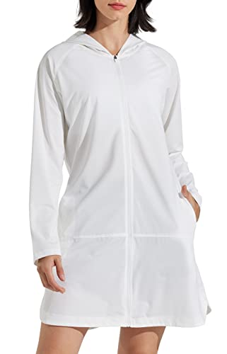 Libin Damen Sonnenschutz Jacke Lange UPF 50+ UV Sportshirt Hoodie Shirts Langarm Atmungsaktiv Laufshirt Sommerjacke mit Reißverschluss Taschen für Strand Bootfahren Wandern Weiß XS von Libin