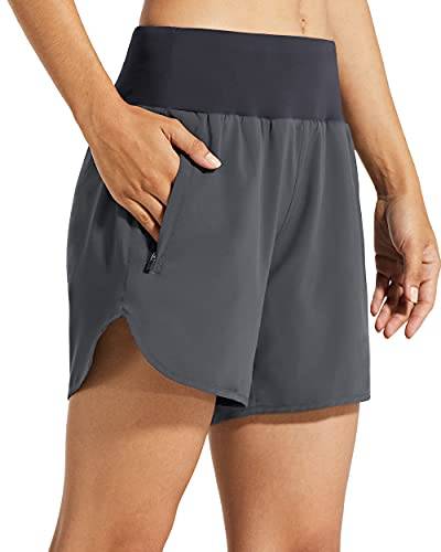 Libin Sport Shorts Damen 5'' Sommer Laufshorts mit Liner Schnelltrocknende Running Jogging Workout Fitness Laufhose Kurz mit Reißverschlusstaschen,Grau M von Libin