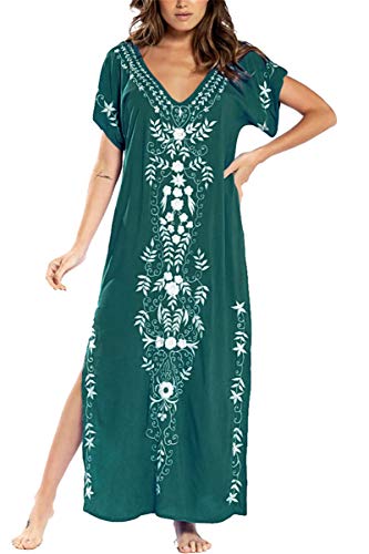 LikeJump Damen Bohemien Blumenstickerei Stickerei Bikini Cover Ups Übergröße Strandkleider Kaftan Kimono Badeanzug von LikeJump