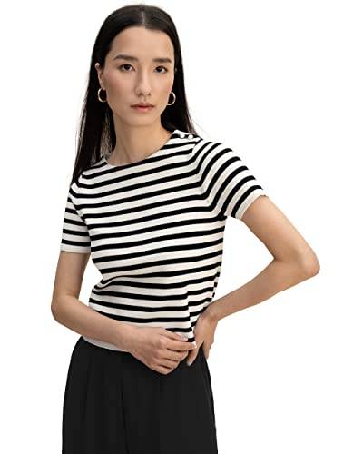 LilySilk Damen Seide gestrickte Bluse Frauen Schwarze Streifen Kurzarm Shirt Mädchen Basic vielseitiges Sommer Top für lässige Arbeit täglichen Gebrauch(Schwarze und weiße Streifen,L) von LilySilk