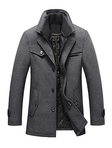 Litteking Herren Winter Erbsenmantel Casual Wolle Trenchcoat Einreihig Kurze Wolljacke, Grau, XL von Litteking