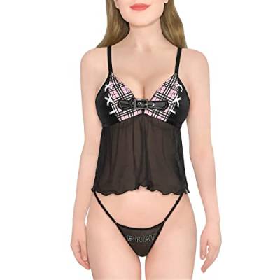 LittleForBig Damen Negligee Dessous Nachtwäsche Babydoll Strap Chemise Halter Lingerie V-Ausschnitt Schlafanzug-Bratty Bralette Tanga Dessous Set Schwarz XXXXL von LittleForBig