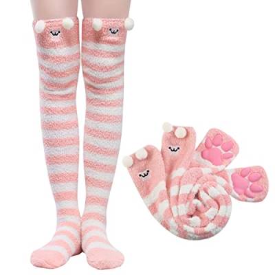 LittleForBig Kniehohe Socken Cosplay 3D Katze Pfoten Pad Silikon Katzenpfoten Koralle Samt über Kniestrümpfe - Rosa Weiß Schaf von LittleForBig