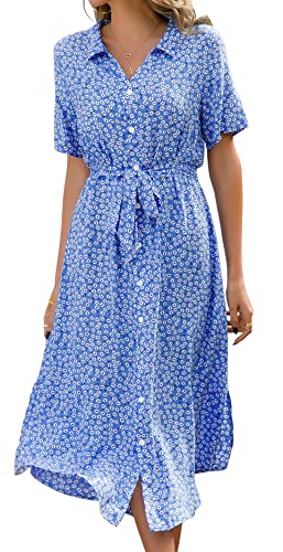 Livonmone Sommerkleid Damen Kurzarm Casual V-Ausschnitt Blumendruck Kleider Strandkleider Sexy Schlitz Midikleid Cocktailkleid Partykleid mit Gürtel (Blau, XXL) von Livonmone