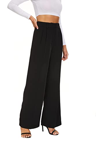 Loalirando Damen Casual Geradem Bein Anzughosen Höhe Taille Weites Bein Hosen mit Taschen Klassische Fließende Palazzo-Hose(Schwarz-B,M) von Loalirando