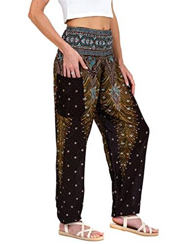 Lofbaz Damen Haremshose Yogahose Pumphose Hippie Hose Boho Kleidung Festival Outfit Sommerhose Leicht Sommer Hosen - Peacock 1 Braun 3XL Große Größen von Lofbaz