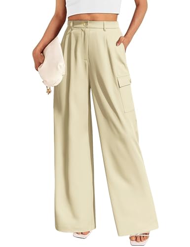 Lonya Damen Weite Hose Palazzo Hose Sommer Elegant Stoffhose Hohe Taille Anzughose Leicht Cargohose Baggy Bundfaltenhose mit Taschen, Beige, XXL von Lonya