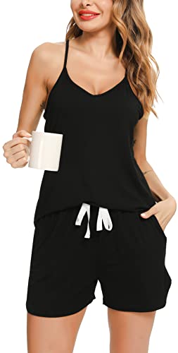 Lovasy Schlafanzug Damen Kurz Ärmellos Shorty Pyjama Damen Set Sexy Schlafanzug Frauen Spaghettiträger Nachtwäsche Loungewear,schwarz,XL von Lovasy