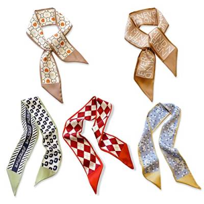 LumiSyne 5 Stück Seidenschal Damen Mädchen Skinny Schal Blume Gedruckt Geometrisch Karierte Muster Frischer Süßer Stil Satin Krawatte Schal Schmaler Lange Halstuch Kopfschmuck Griff Wrap Ribbon von LumiSyne