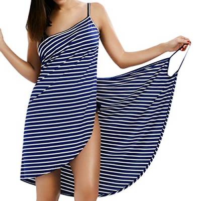 LumiSyne Strandkleider Damen Bikini Badeanzüge Cover Ups Ärmellos Wickelrock Sexy V Ausschnitt Strandponcho Mode Streifen Pareos Lose Stil Strandrock,Schmale Fransen Dunkelblau,4XL von LumiSyne