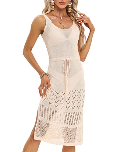 Strandkleid, gehäkelt, für Damen, Badeanzug, Damen, Strand, sexy, rückenfrei, Slit Kleid, Damen, mittellang, durchbrochen, Bikini-Abdeckung, gebrochenes weiß, M von Luojida