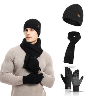 MARUKO Mütze Schal Handschuhe Set Herren Winter Warm Beanie Mütze Lange Schal und Touchscreen Handschuhe Set mit Fleece Gefüttert Strickmütze rutschfeste Winterhandschuhe Schlauchschal Set von MARUKO