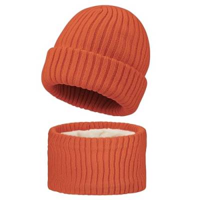 MASOCIO Wintermütze Baby Mütze Schal Set Kinder Junge Mädchen Winter Herbst Warme Babymütze Kindermützen Loop Strickmütze 1 2 Jahr Fleece Beanie Hat 6-24 Monate Orange (Herstellergröße S) von MASOCIO