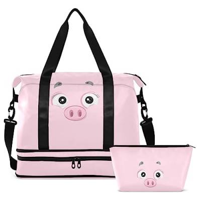 Pink Pig Face Reisetasche für Damen und Herren, Turnbeutel mit Schuhfach, nasse Tasche, Handgepäckbeutel für Wochenendausflüge, Übernachtungstaschen für Reisen, Wochenende, Ausflüge, Mehrfarbig, Large von MCHIVER