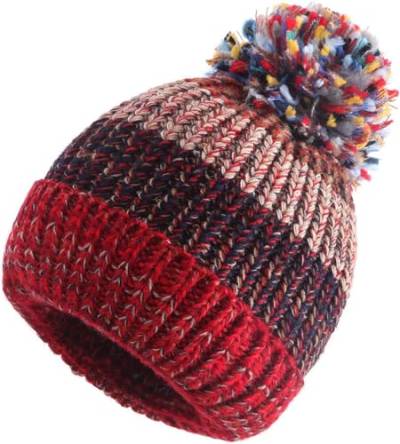 MEANBEAUTY Beanie-Mütze für Damen, gestrickte Beanie-Mütze, Pompom, Winter, warme, weiche Mütze, Outdoor-Sport, Ski-Rot von MEANBEAUTY
