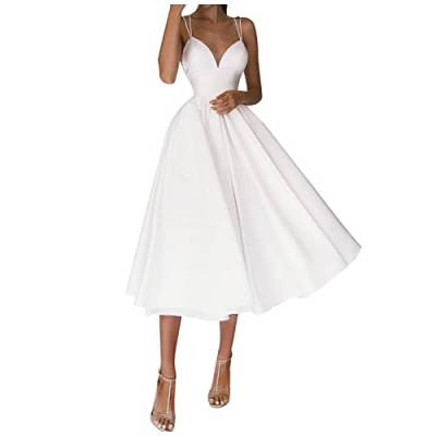 MICKURY Kleid kurz hochzeitskleid Zweiteiler Jugendweihe Kleider Vintage Kleider Hochzeit Frauen Kleidung cocktailkleid schwarz Jeansrock midi waschbär Kleidung Kleid mit rückenausschnitt(Weiß,XL) von MICKURY