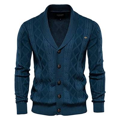 Strickjacke Herren Gestrickt Cardigan Schalkragen V-Ausschnitt Strickpullover Elegante Freizeitjacke Mit Knopfverschluss und Zopfmuster,Blau,3XL von MISSMAO