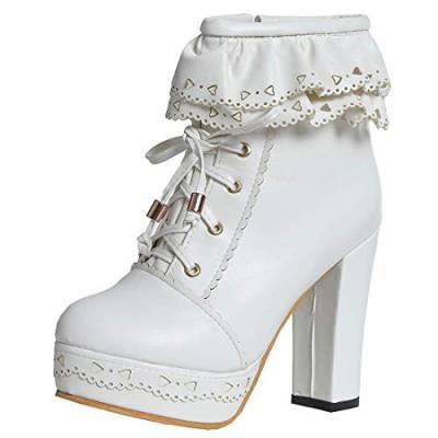 MISSUIT Damen Blockabsatz Plateau High Heels Stiefeletten mit Schnürung und Reißverschluss Ankle Boots Schuhe(Weiß,44) von MISSUIT