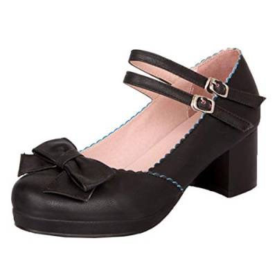 MISSUIT Damen Chunky Heels Pumps Mary Jane Blockabsatz mit Riemchen und Schleife Rockabilly Schuhe(Schwarz,40) von MISSUIT