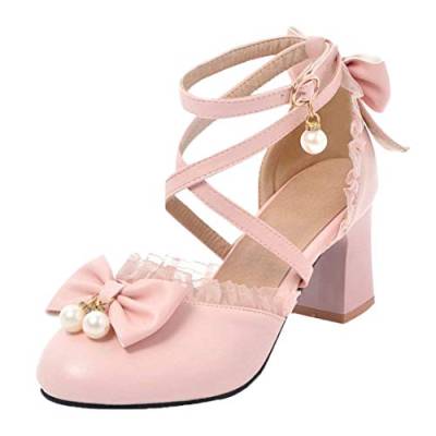 MISSUIT Damen High Heels Knöchelriemchen Blockabsatz Pumps mit Riemchen und Schleife Cross Strap Rockabilly Schuhe(Pink,39) von MISSUIT