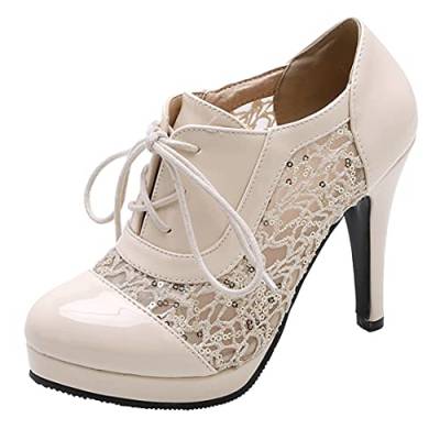 MISSUIT Damen High Heels Stiletto Pumps mit Schnürung Plateau 10cm Absatz Elegant Schuhe(Beige4,37) von MISSUIT