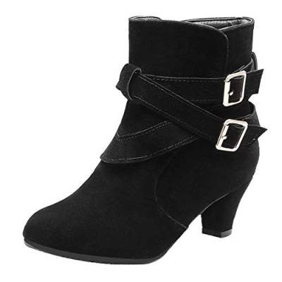 MISSUIT Damen Kitten Heels Stiefeletten mit Schnallen und 5cm Absatz Chunky Heels Ankle Boots Kleiner Absatz Kurzschaft Stiefel(Schwarz,38) von MISSUIT