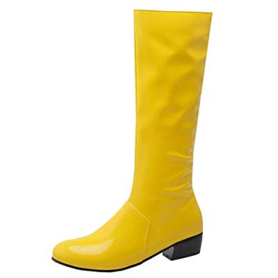 MISSUIT Damen Kniehoch Stiefel Flach Lack Kniehohe Stiefel mit Niedrigem Absatz Reißverschluss Bequem Schuhe(Gelb,42) von MISSUIT