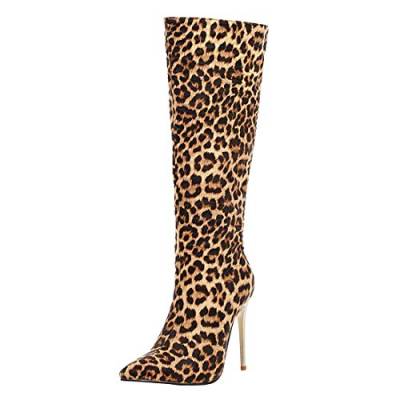 MISSUIT Damen Kniehoch Stiefel Stiletto High Heels Boots Spitz Kniehohe Stiefel mit 10cm Absatz und Reißverschluss Schuhe(Leopardenmuster,41) von MISSUIT
