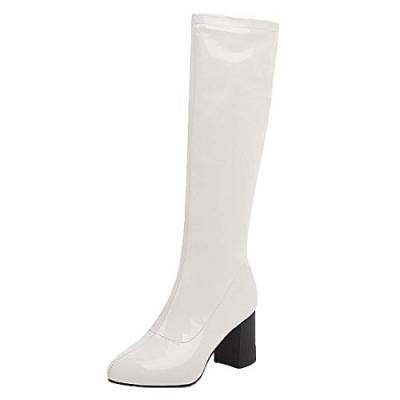 MISSUIT Damen Kniehohe Stiefel mit Blockabsatz High Heels Stiefel Lack Kniestiefel Reißverschluss Knee High Boots(Weiß,40) von MISSUIT
