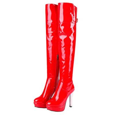 MISSUIT Damen Lack Plateau Overknee Stiefel High Heels Stiefel Stiletto Reißverschluss Schnallen Herbst Winter Boots(Rot,41) von MISSUIT