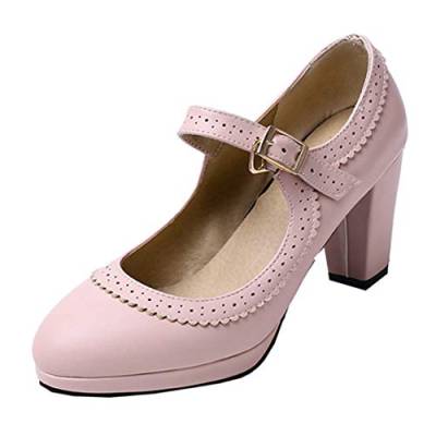 MISSUIT Damen Mary Jane Damenschuhe High Heels Pumps mit Blockabsatz und Riemchen Retro Vintage Schuhe(Pink,39) von MISSUIT