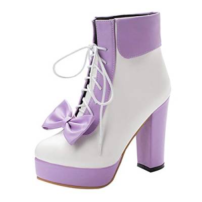 MISSUIT Damen Schnürstiefeletten High Heels Plateau Ankle Boots mit Schnürung und Blockabsatz Schleife Schuhe(Lila,46) von MISSUIT